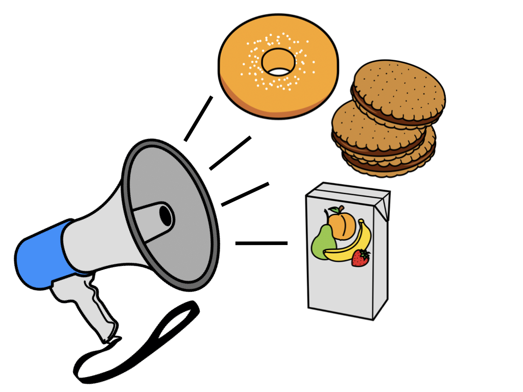 Un megáfono con barras de son apuntando a unhas galletas de chocolate, un donut e un zume envasado