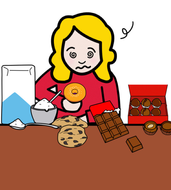 Nena rodeada de doces