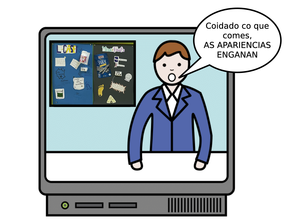 Un presentador de televisión mostrando un cartel dun alimento e dicindo: as apariencias enganan.