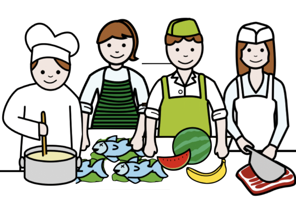 Catro persoas facendo un equipo, un cociñeiro, unha carniceira, un froiteiro e unha peixeira