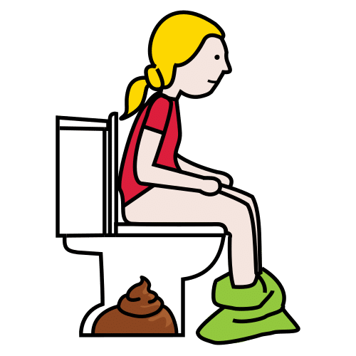 Nena sentada no inodoro facendo caca, que son os refugallos do corpo.