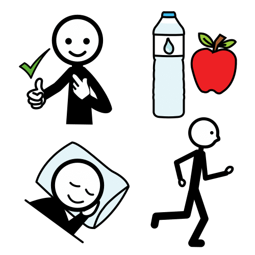 Diferentes hábitos saudables como descansar, comer, facer exercicio...