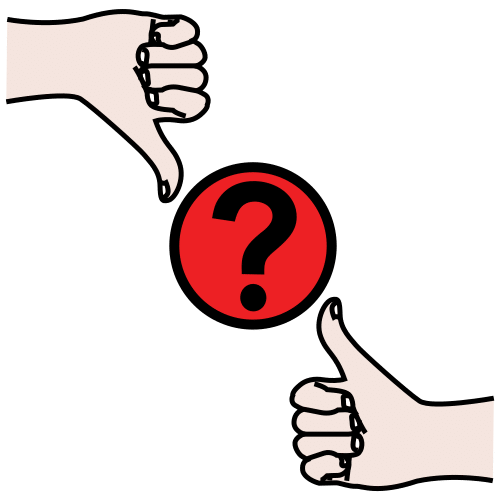 Pictograma de dúas mans realizando o símbolo de ben e mal, e un símbolo de pregunta