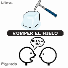 Imgaen con la frase romper el hielo. En la parte de arriba se ve un pico rompiendo un hielo (sentido literal). En la parte de abajo, una persona se dirige a otra para hablarle (sentido figurado)
