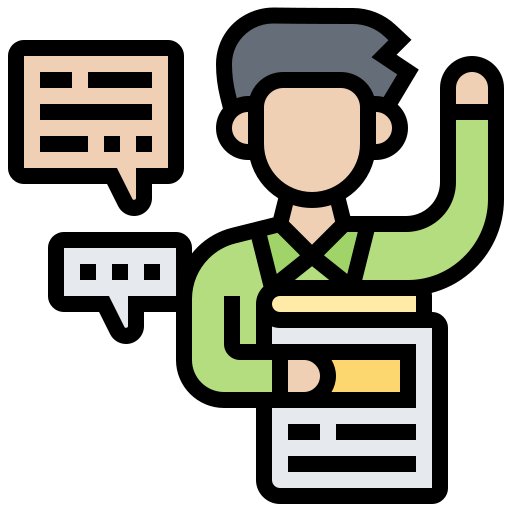 Un hombre con una libreta y una viñeta con símbolos