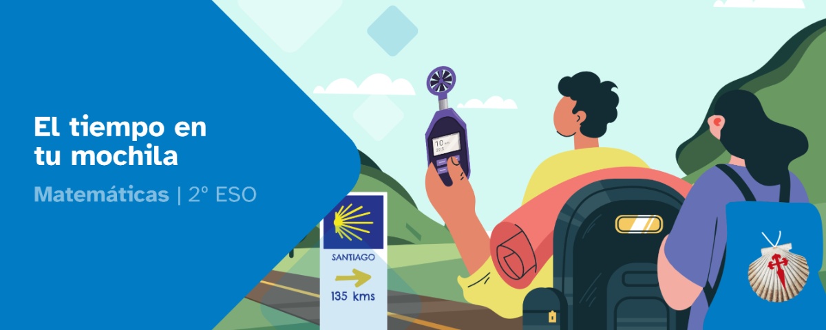 Portada El tiempo en tu mochila. Personajes haciendo el Camino de Santiago, uno con un anemómetro y el otro con una mochila.