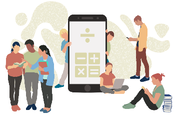 Personajes con calculadora y libros