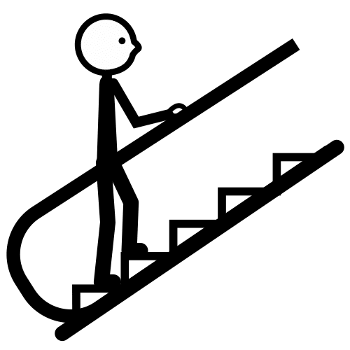 Personaje subiendo en una escalera mecánica