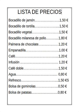 Lista de precios de los productos de la cafetería de un instituto