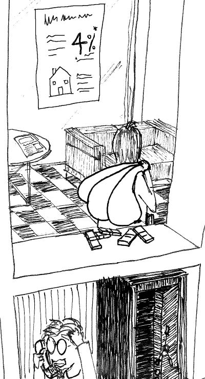 Atracador llevándose dinero en un saco y empleado escondido debajo de un mostrador llamando por teléfono.