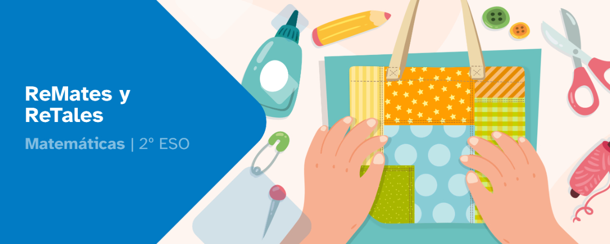 Portada de Matemáticas 2º ESO. ReMates y ReTales. Bolsa de tela con dos manos sobre ella, botones tijeras, hilos y otros elementos de costura.