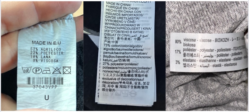 Tres etiquetas de ropa con porcentajes de los materiales
