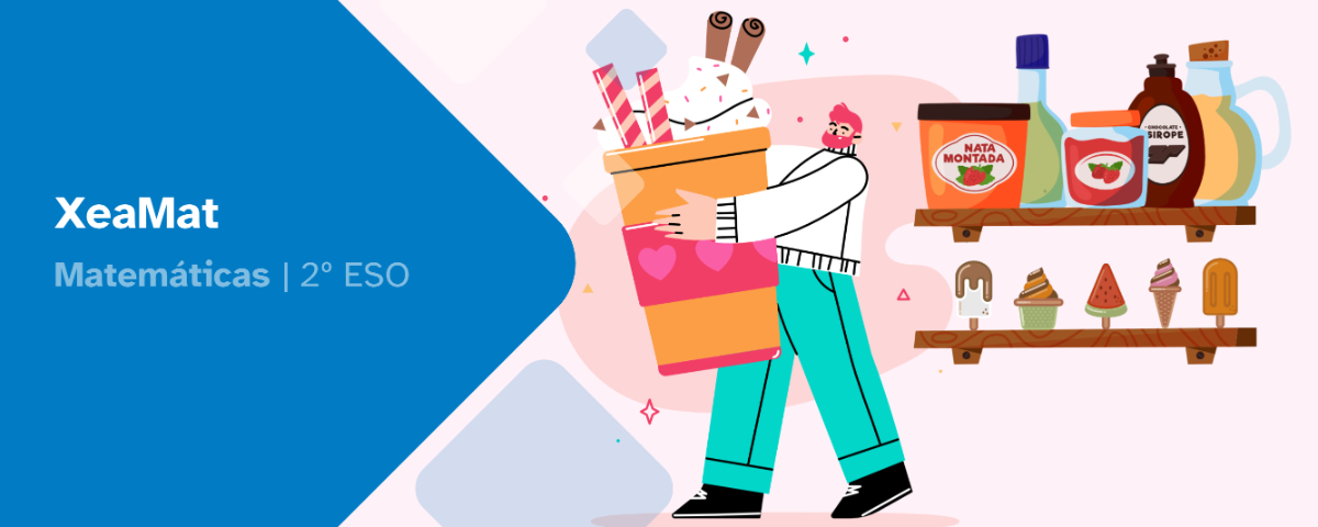 Portada XeaMat matemáticas 2º ESO. Personaje con un bote de helados, estantería con ingredientes y helados.