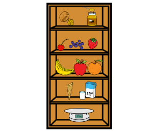 Estantería con frutas y otros elementos