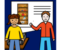 Personajes con estantería al fondo