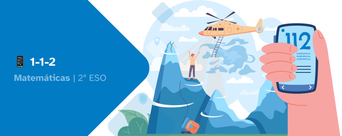 Portada 1-1-2 matemáticas 2º ESO. Persona en la cima de una montaña pidiendo ayuda, helicóptero volando con una escalera suelta, mano con un teléfono que contiene el 112, mochila en la base de la montaña.
