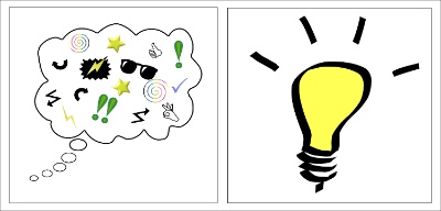 Metáforas visuais en forma de bocadillo e bombilla