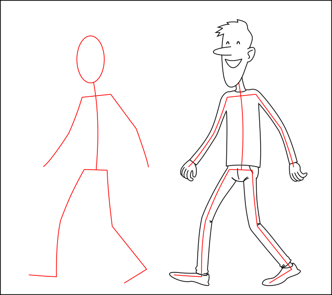 Personaxe de cómic xunto ao seu esqueleto