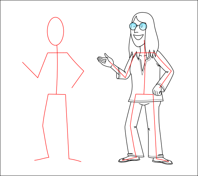 Personaxe de cómic xunto ao seu esqueleto