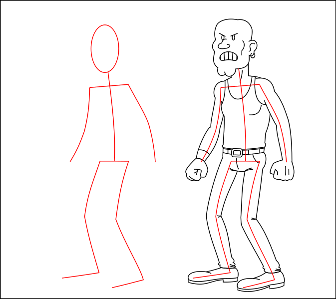 Personaxe de cómic xunto ao seu esqueleto