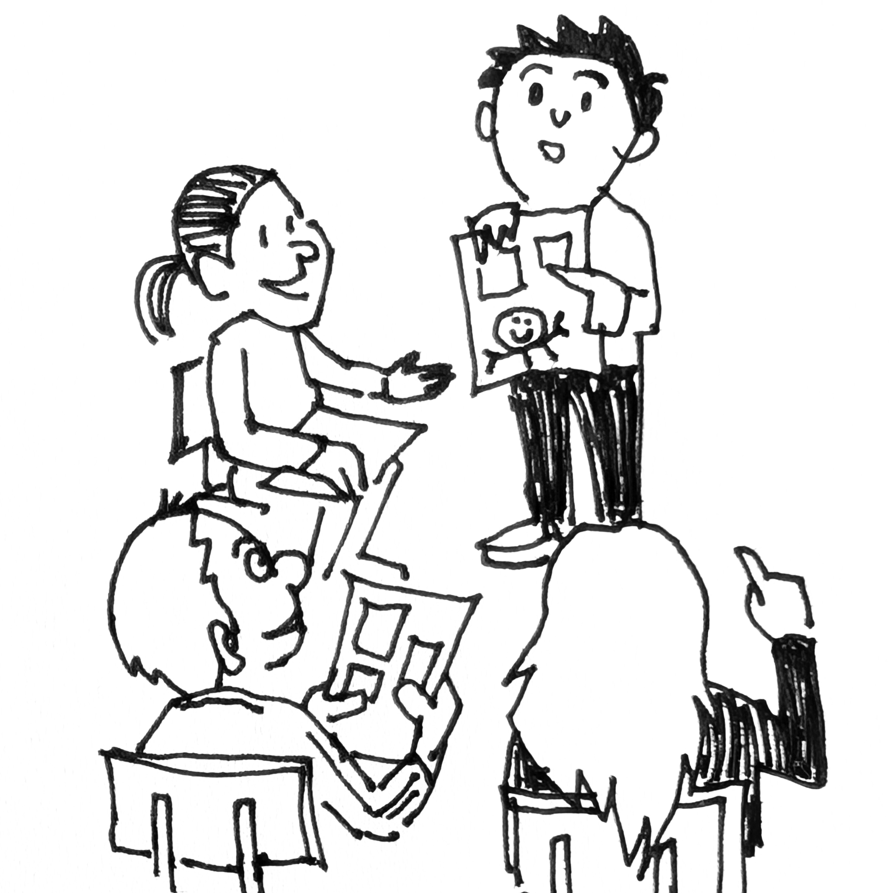 Alumnado expoñendo os seus debuxos