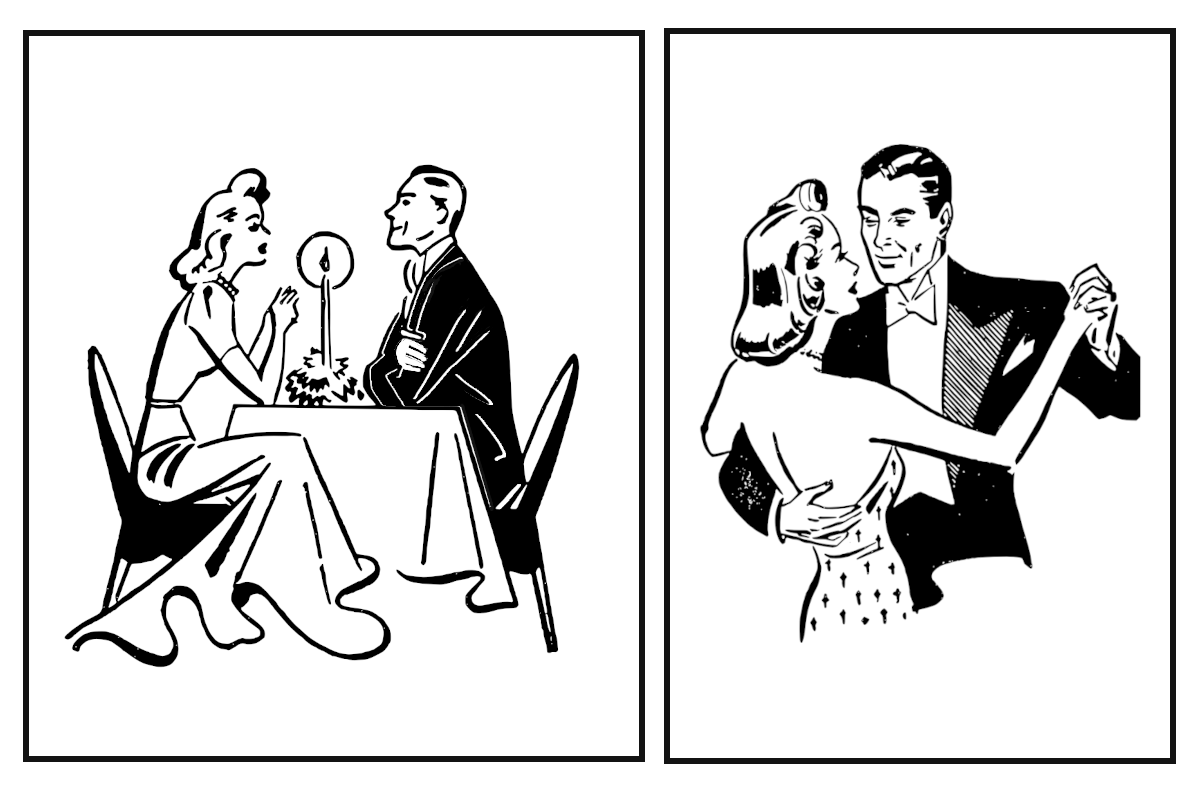 Parella cenando e bailando