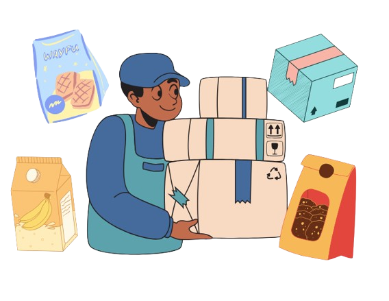 Home levando paquetes e rodeado de máis embalaxes.