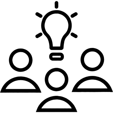 Tres figuras de persoas e unha bombilla encendida que simulan unha chuvia de ideas