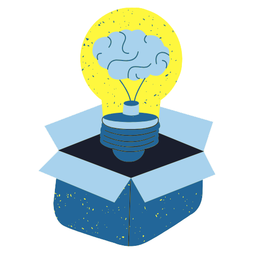 Caixa da que sae unha bombilla cun cerebro, invitando a reflexionar