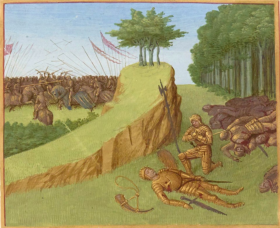 Muerte de Roldán en la batalla de Roncesvalles, ilustración de las Grandes Chroniques de France de Jean Fouquet. (Dominico público)