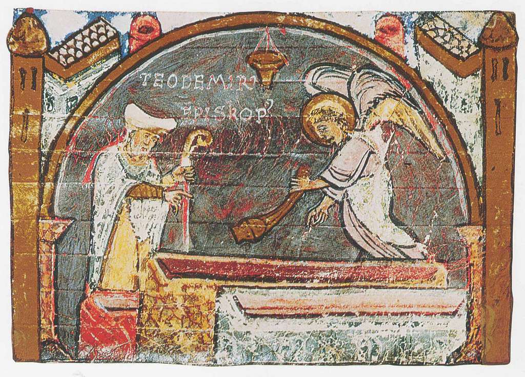 Miniatura do Tombo A da Catedral de Santiago de Compostela (ca. 1129-1134), representando o bispo Teodomiro no momento do descubrimento dos restos do Apóstolo no monte Libredón.