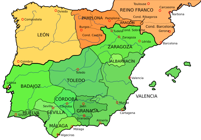 Mapa da Península Ibérica en 1030, antes da morte de Sancho III de Navarra