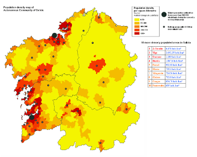 Mapa da distribución da densidade en Galicia