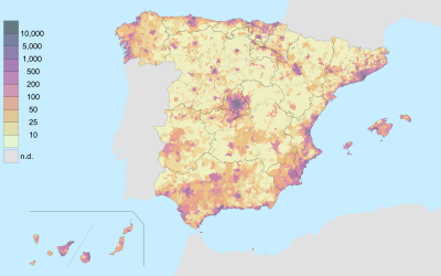Mapa de densidades de poboación en España