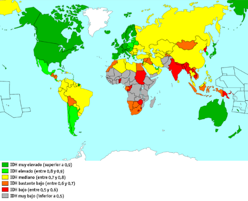 Mapa coa distribución do IDH mundial