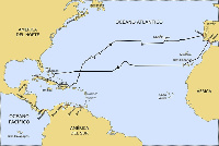 Mapa no que se reflicte o itinerario da primeira viaxe de Colón