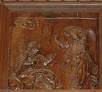 Anunciación a santa Aldara da concepción de san Rosendo no coro lígneo da catedral de Santiago de Compostela, hoxe no mosteiro de San Martiño Pinario