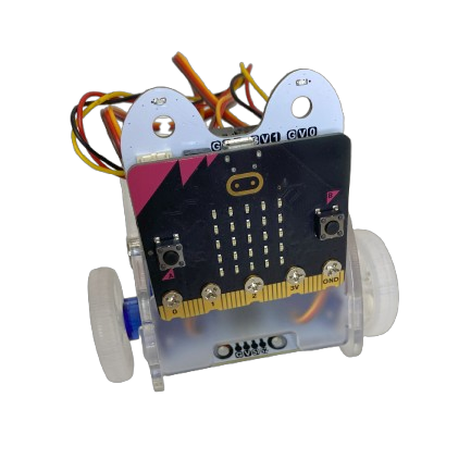 Fotografía de la placa Micro:bit en el chasis de robot Ring:bit