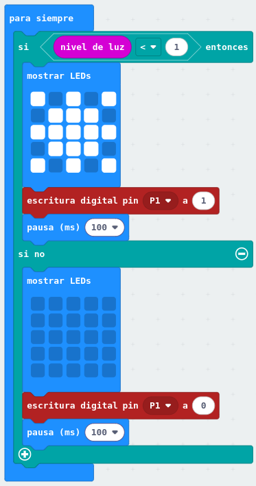 Programa Sensor de luminosidad hecho en lenguaje de bloques makeCode