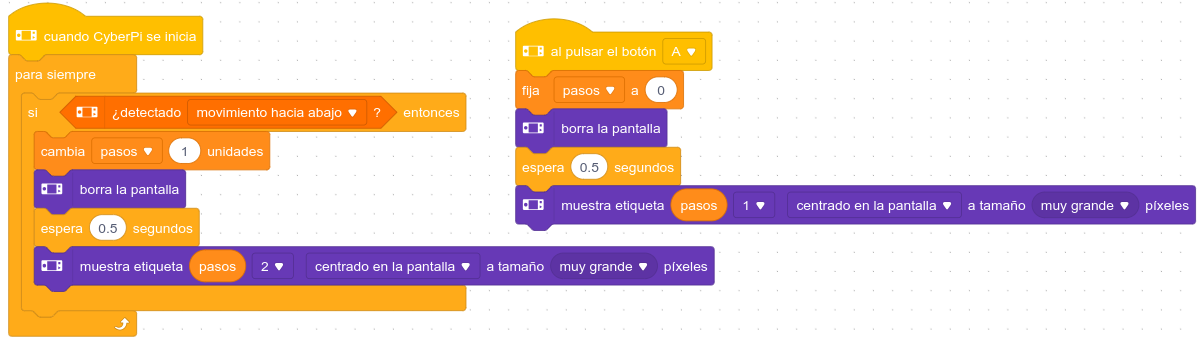 Programa sensor de pasos para Cyberpi Programa sensor de pasos hecho en lenguaje de bloques MBlock5