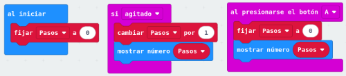 Programa sensor de pasos para micro:bit Programa sensor de pasos hecho en lenguaje de bloques MakeCode