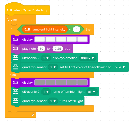 Programa Sensor de luminosidad hecho en lenguaje de bloques Mblock5
