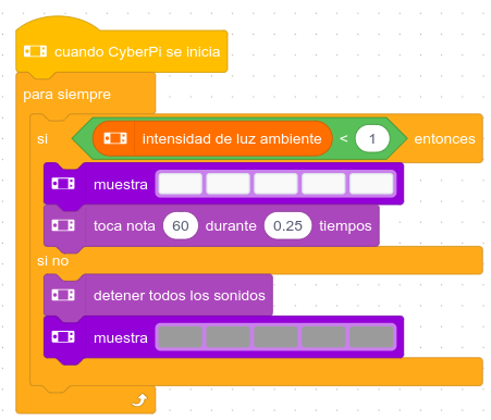 Programa Sensor de luminosidad hecho en lenguaje de bloques Mblock5