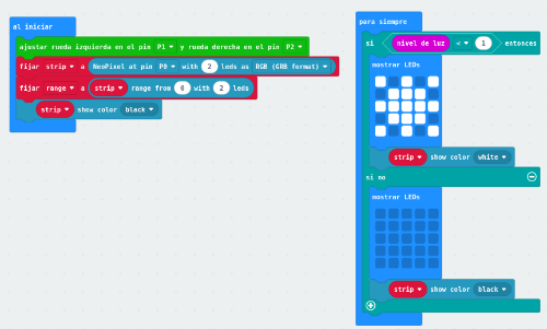 Programa Sensor de luminosidad hecho en lenguaje de bloques makeCode para micro:bit en ringbit:Car con extensión Neopixel