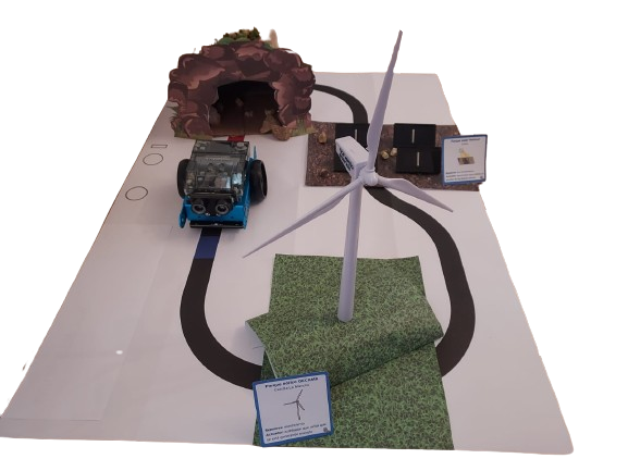 Circuito con línea negra, túnel, parque eólico, paneles solares y cueva