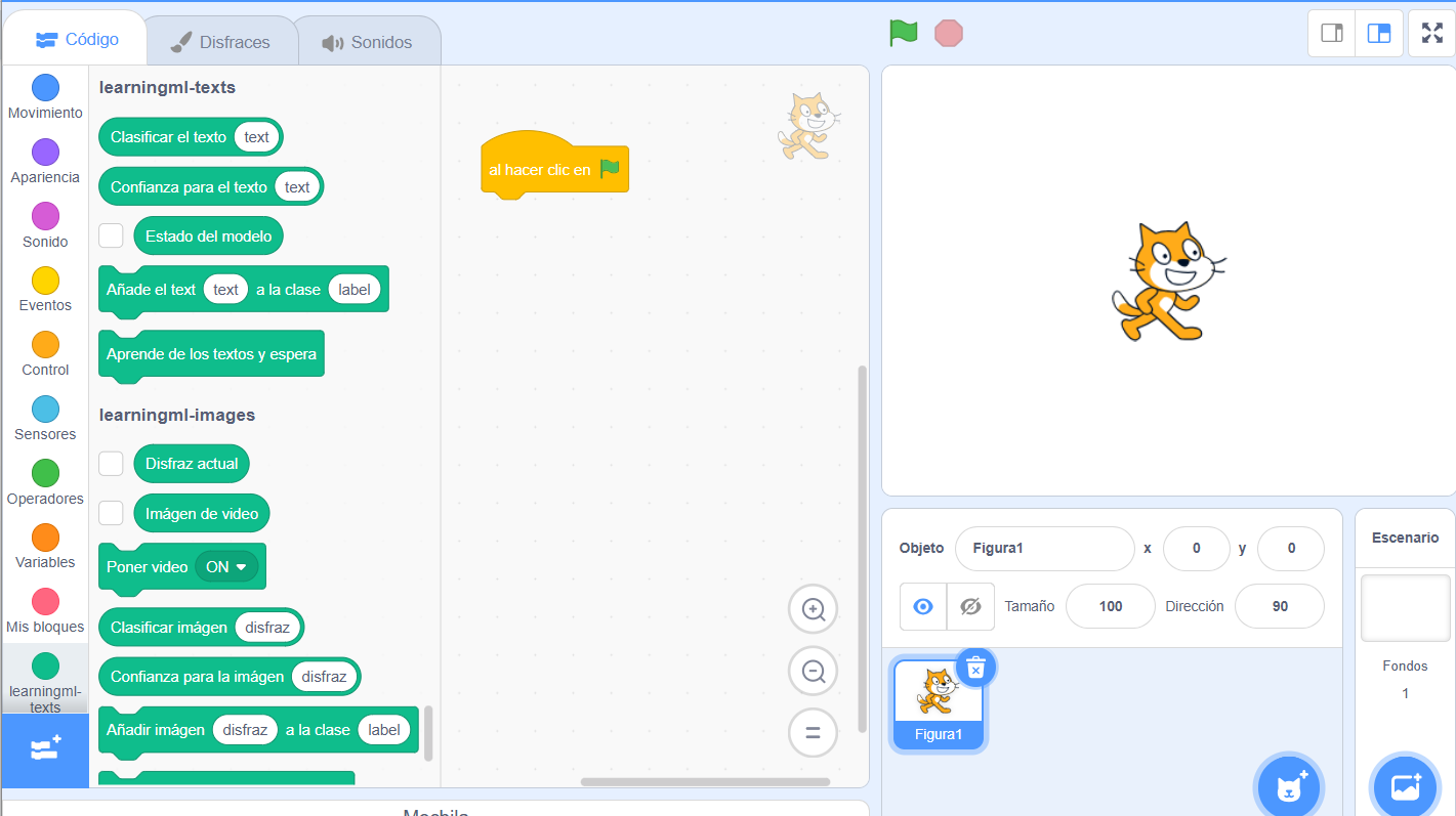 Captura de pantalla de Scratch donde se ven los códigos de Learning ML
