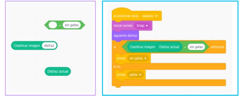 Captura de pantalla de órdendes necesarias para idientificar una categoría de sin gafas a partir del disfraz actual
