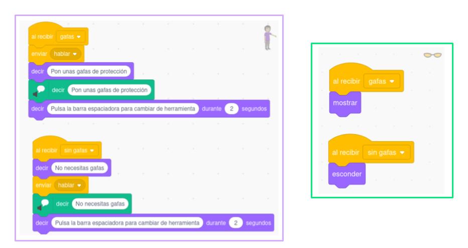 Código que indica cómo avisa el personaje de que hay que ponerse gafas y cómo aparecen las gafas