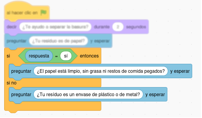 Añadimos bloque si (preguntamos ¿El papel está limpio, sin grasa ni restos de comida pegados?, si no (preguntamos: ¿Tu residuo es un envase de plástico o de metal?)