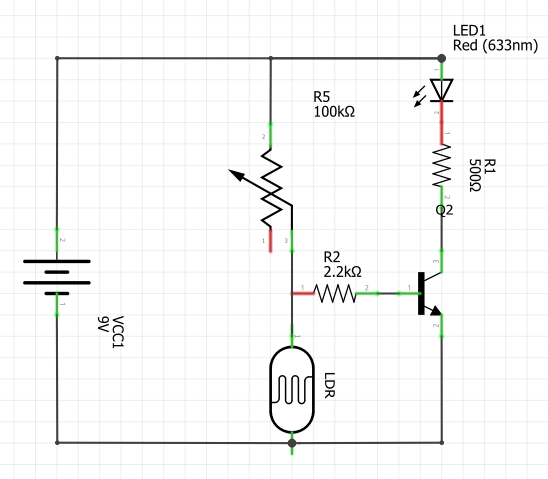 En la imagen se muestra el esquema simbólico del sensor crepuscular hecho con Fritzing